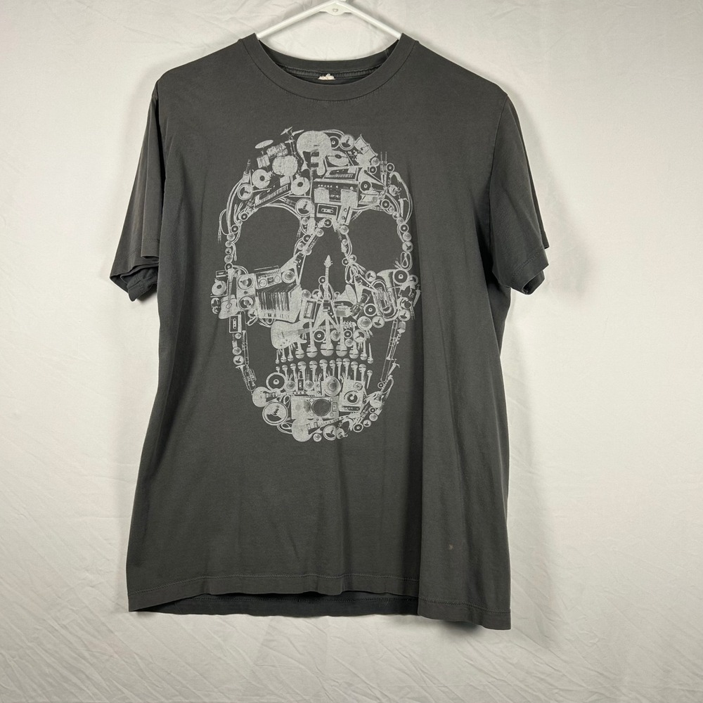 Unbranded Skull Music Instrument Graphic T-Shirt Mens L Charcoal Gray Rock Tee